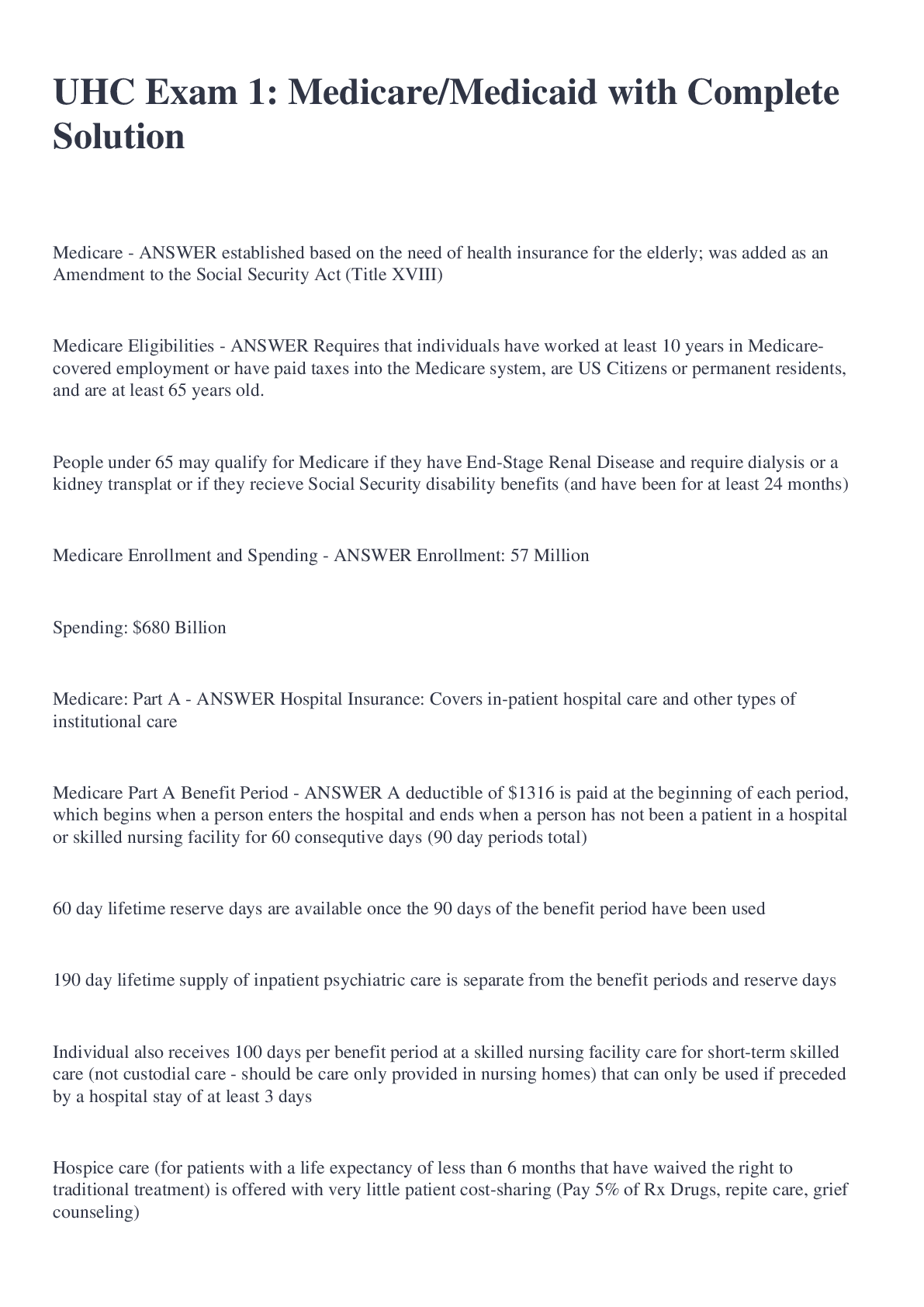 Preview image for UHC Exam 1: Medicare/Medicaid with Complete Solution